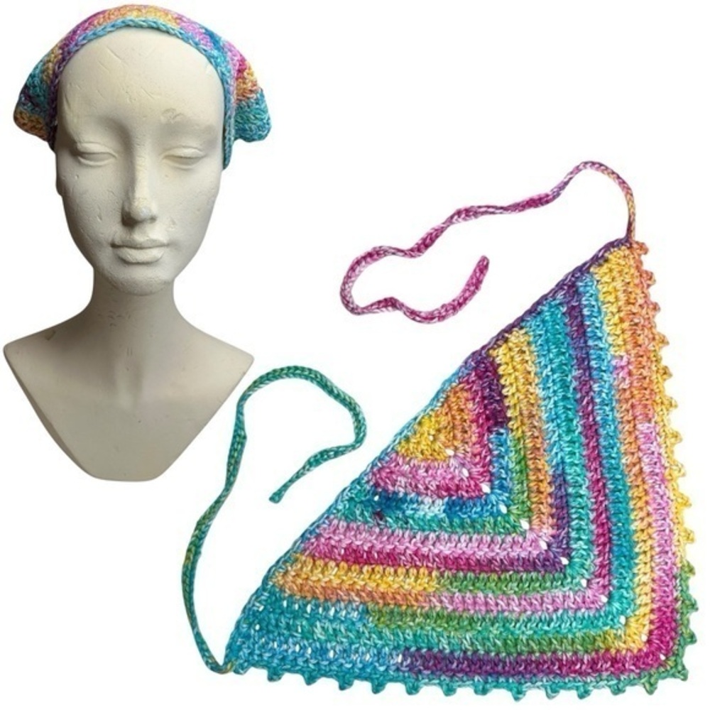 Multicolor Crochet Triangle Bandanna Headscarf Handcrafted Handmade‎ Cotton Knit